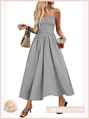 Casual Plaid Smocked Tiered Midi Dress Sleeveless Adjustable Spaghetti Strap